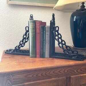 Vtg Victorian Unique Pair Steampunk Gothic Black Heavy Metal Chain Bookends Rare